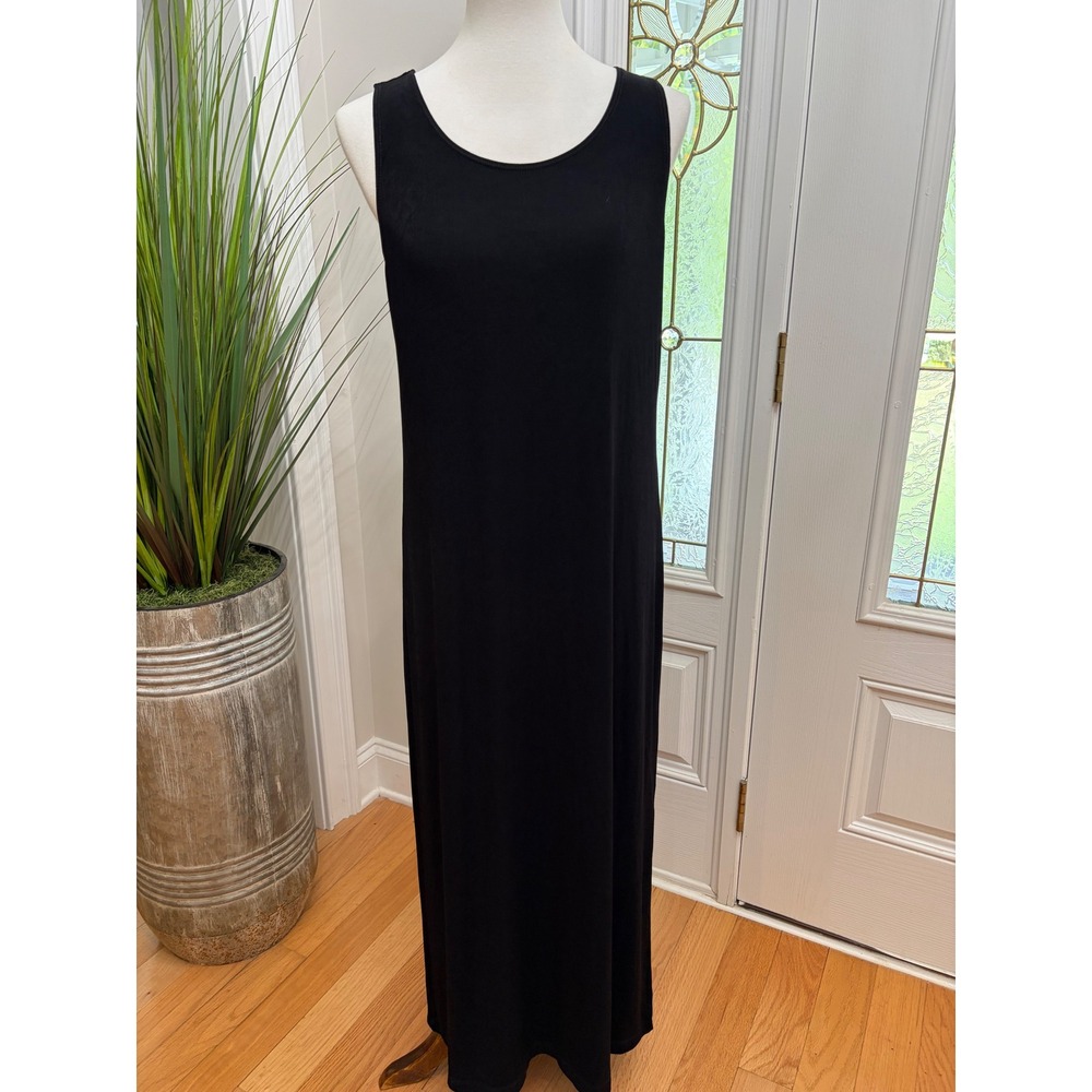 Chicos Travelers Black Sleeveless Maxi Dress Side Slit Size 1 US Med 8/10 Slinky